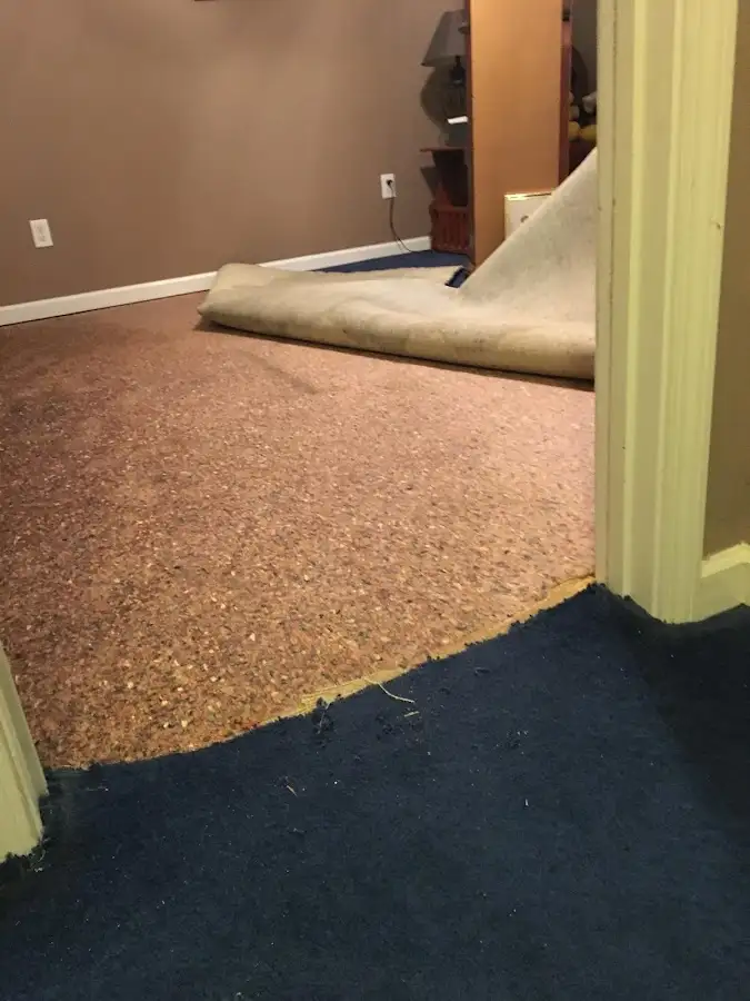 Carpet pad removal revealing water damage during Water Mitigation Services in Parkland