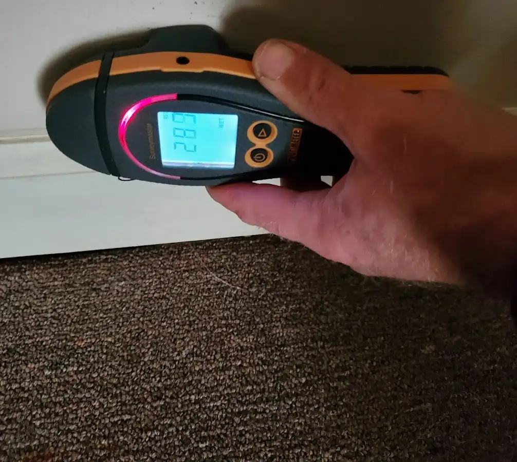 Moisture detection at baseboard during Burst Pipe Cleanup in Parkland
